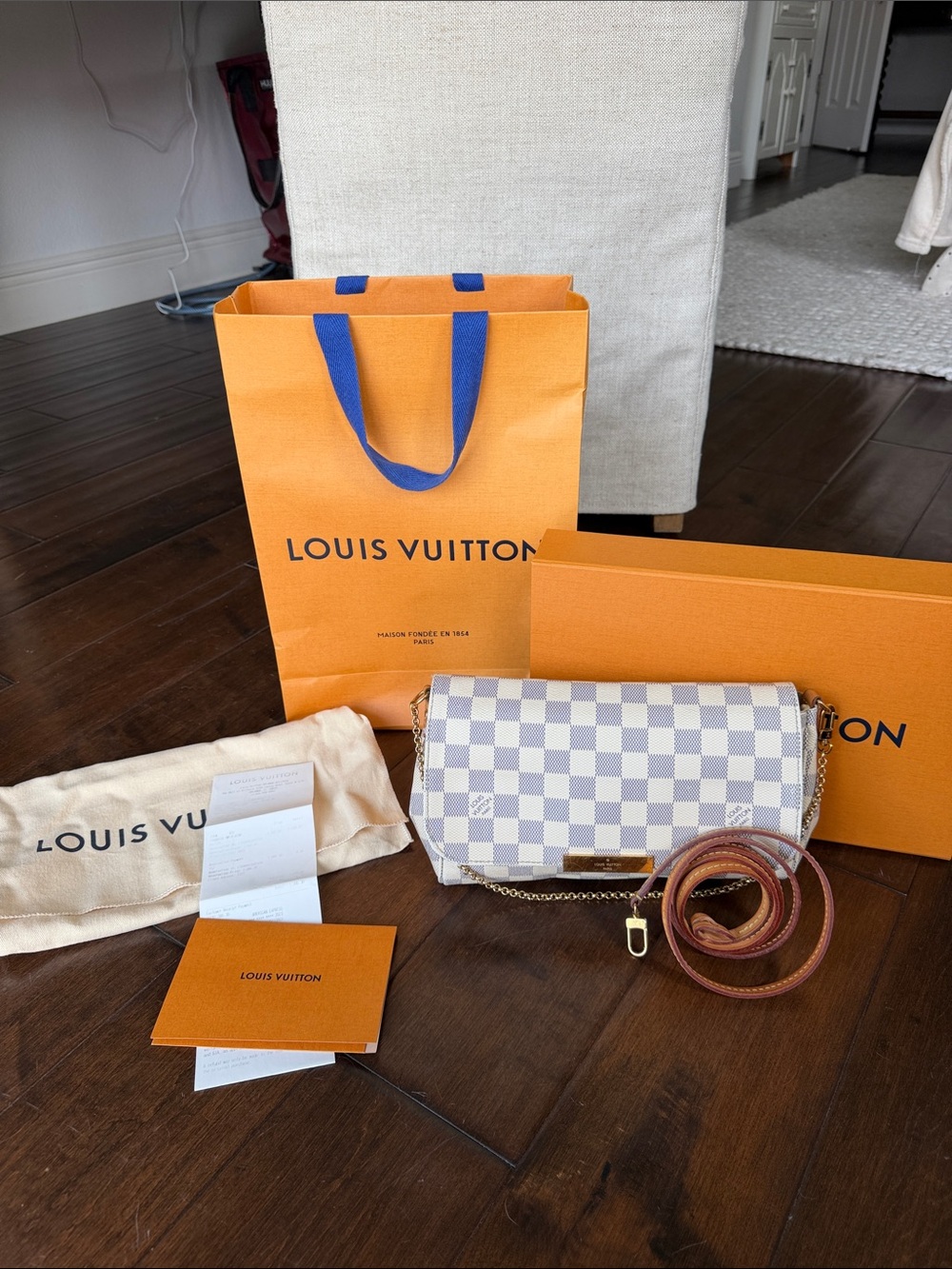 Louis Vuitton Favorite MM Damier Azur Crossbody Bag in White/Blue Gold Chain